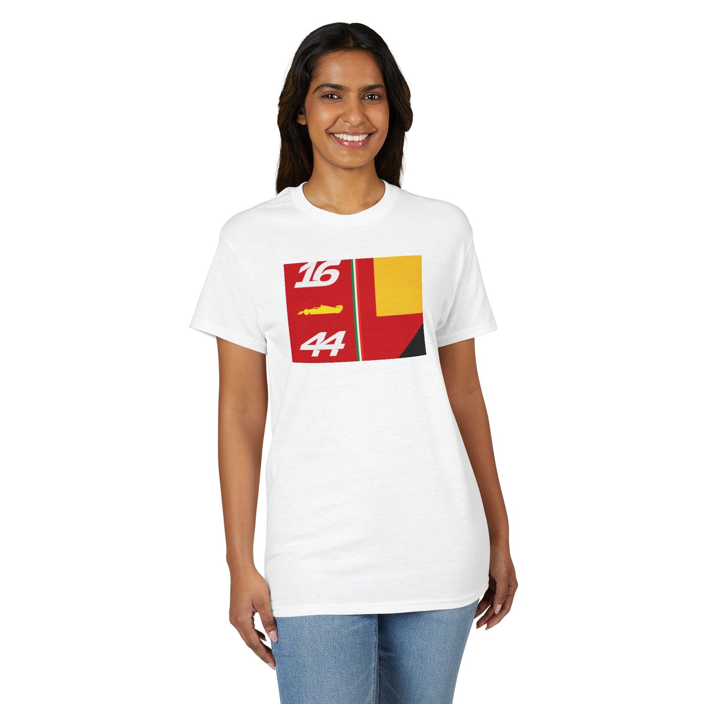 Racing Number 16/44 Graphic T‑Shirt — Bold Red & Yellow Motorsport Design