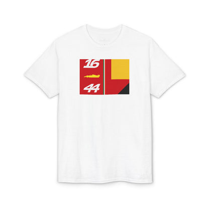Racing Number 16/44 Graphic T‑Shirt — Bold Red & Yellow Motorsport Design