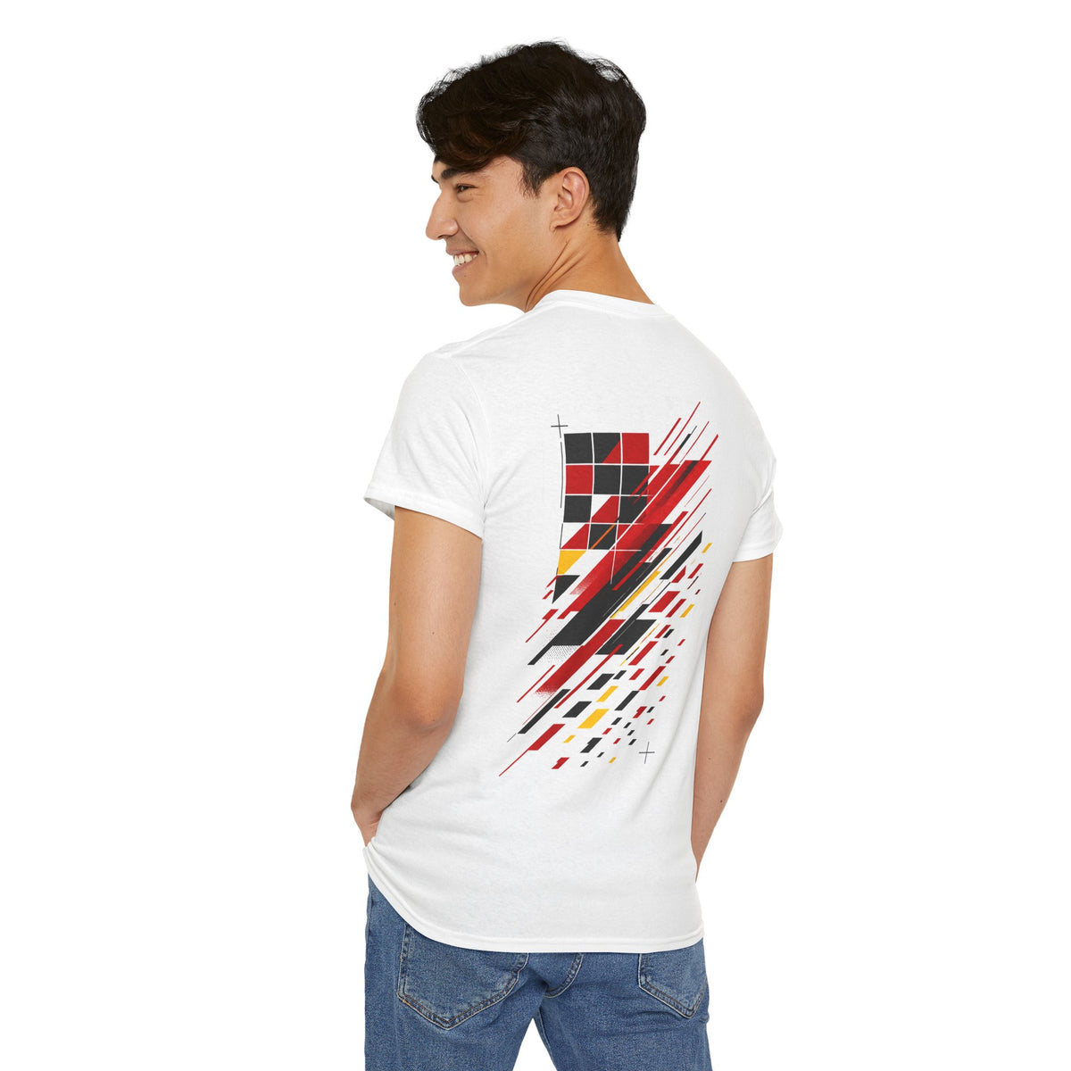Abstract Pixel Stripe Tee | Red Black Geometric Grid Back